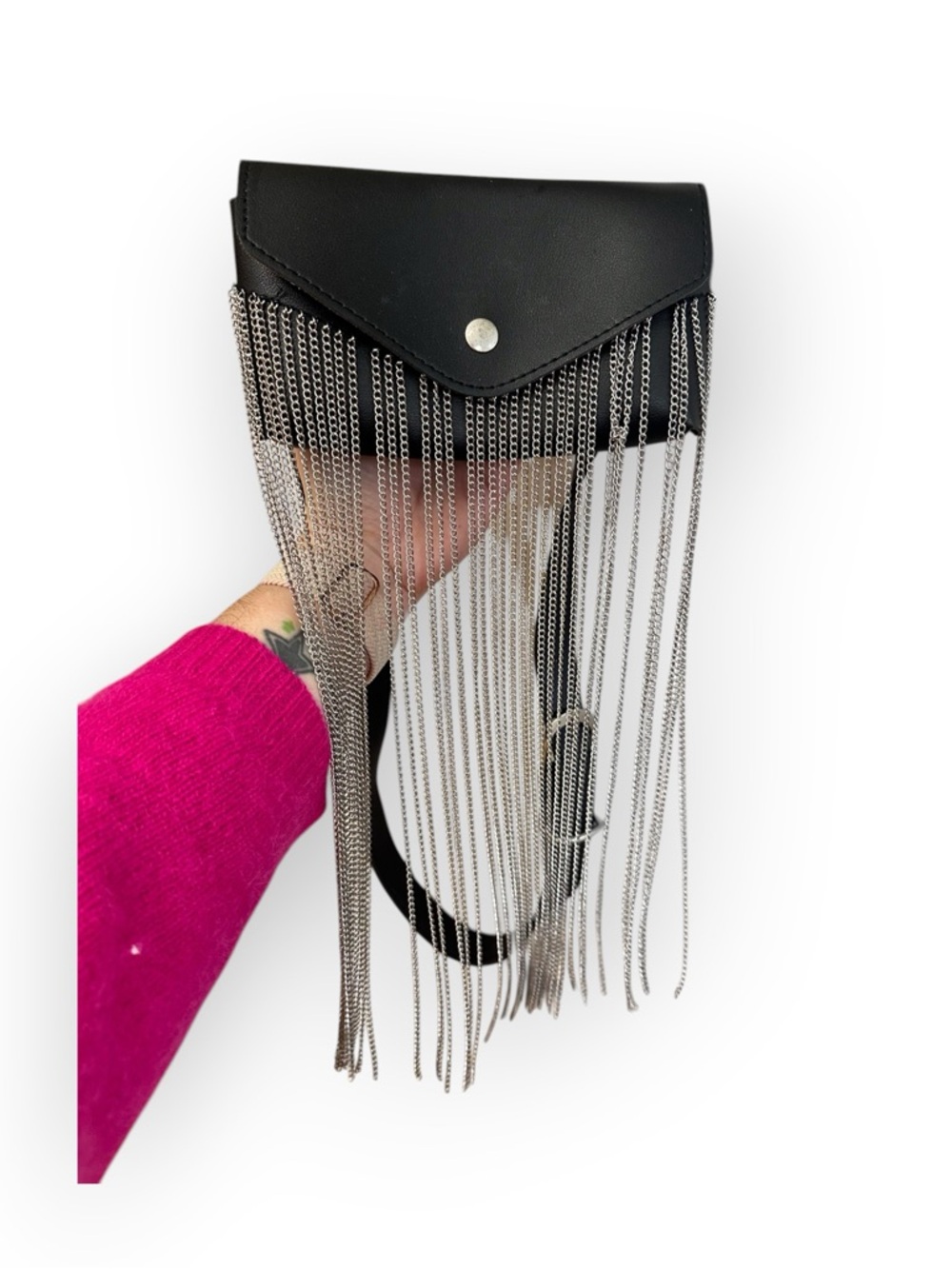 Women’s Black Leather Chain Fringe Belt Bag S - 2XL 25-36 inch waist